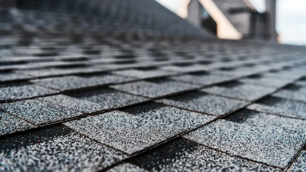 selective focus of grey shingles on rooftop