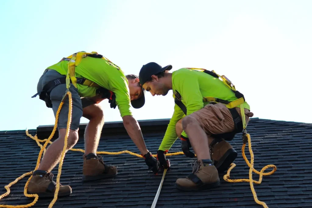 two men in bright colored shirts inspecting a roof
